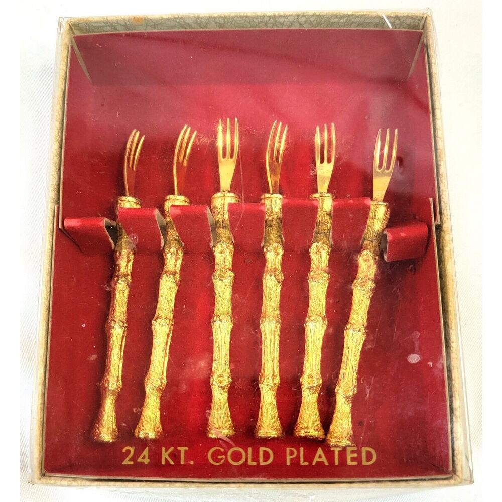 Six 24k Gold Plated Bamboo Handles Oyster Shrimp Cocktail Hors D’oeuvres Forks